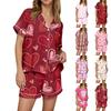 Damen Casual Mode Weihnachts-Print Kurzärmeliges Hausanzug-Set mit Knopfleiste, Kurzarm-T-Shirt und Shorts