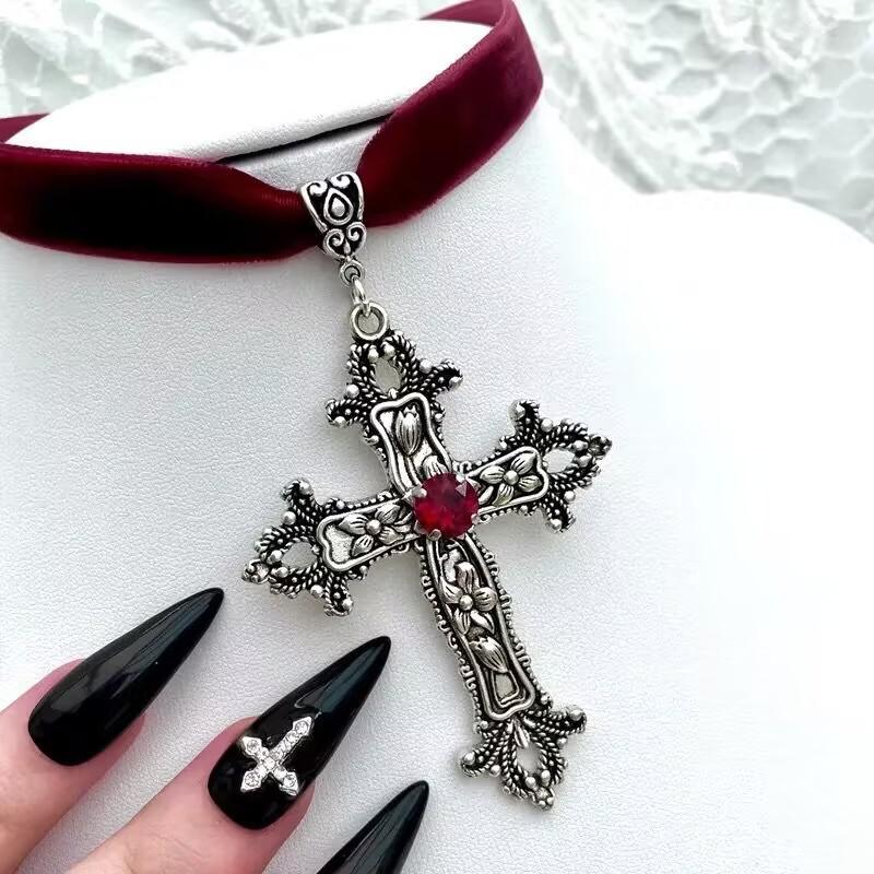 Vintage Gothic Large Cross Pendant Black Velvet Choker Necklaces for Women Ornate Grunge Jewelry Goth Necklace Gift