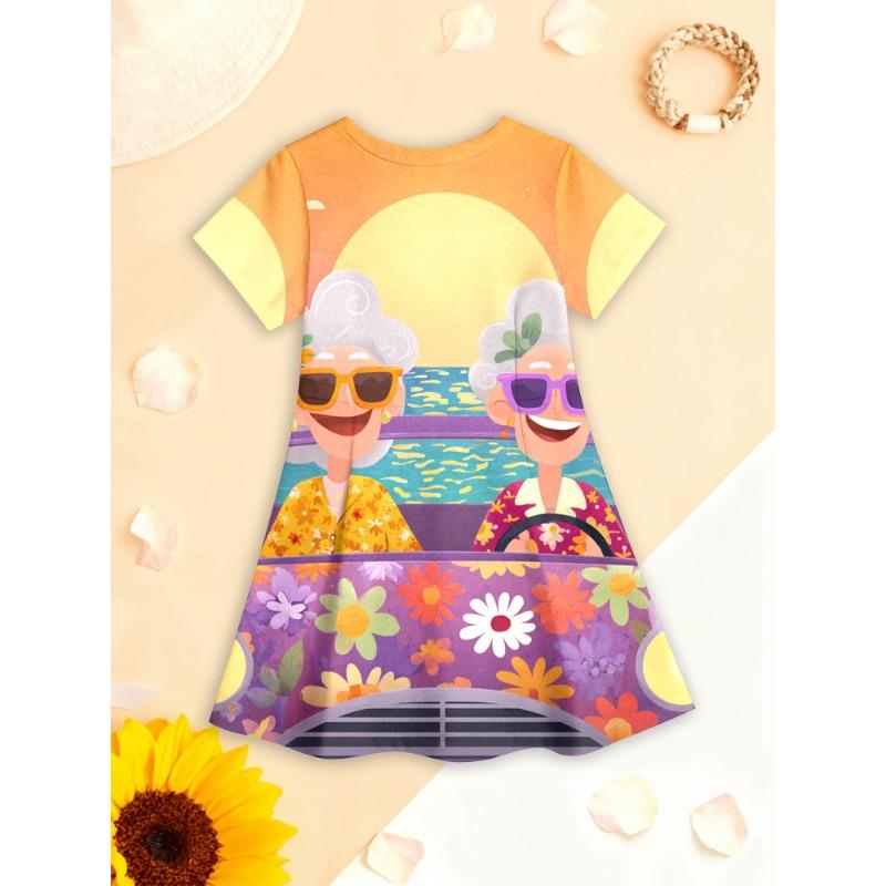Girls' 3D Butterfly Print Short Sleeve Dress - Summer A-Line Dress with Round Neck, Machine Washable Playwear for & Little Girls,