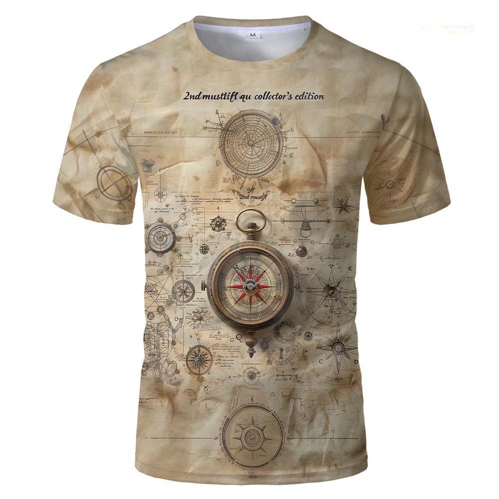 

Летняя винтажная футболка, мужская футболка с 3D принтом, устаревшие часы, компас, футболка с принтом, мужские повседневные футболки большого размера с короткими рукавами, топы XXS