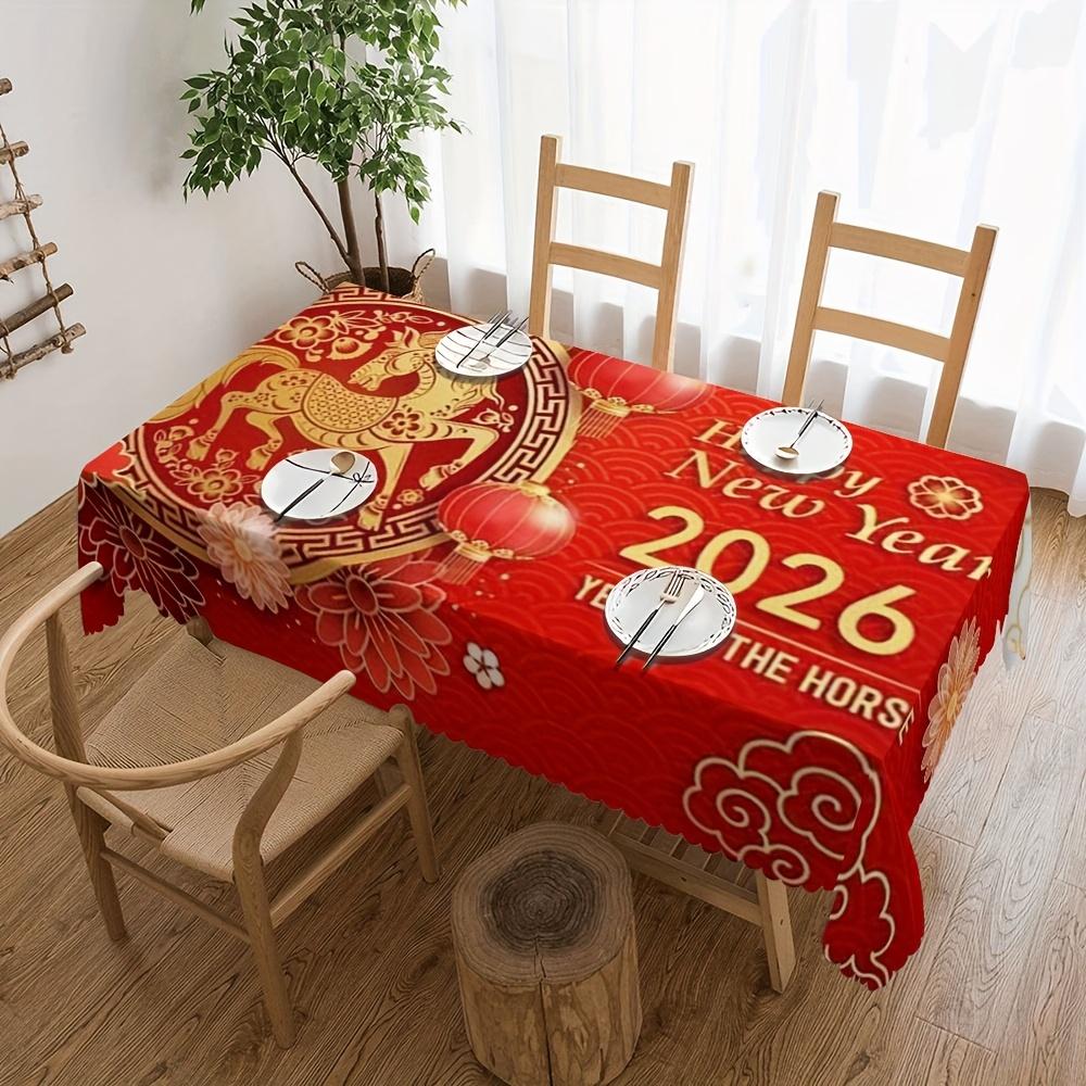 Chinese Lunar New Year Rectangle Waterproof Tablecloth Table Decor Reusable Kitchen Dining Tablecloth Spring Festival Decoration 90x140cm