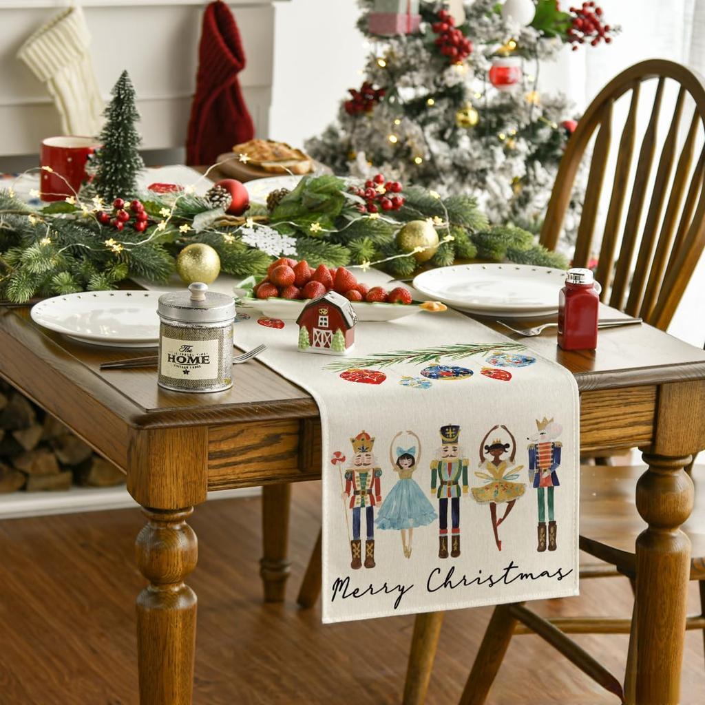 Christmas Nutcrackers Xmas Balls Linen Table Runner Holiday Party Decor Winter Kitchen Dining Table Runner Christmas Decorations