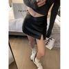 Women's Black PU Leather V-Waist Slimming Plus-Size Bodycon Midi Skirt with Slit - Autumn 2025
