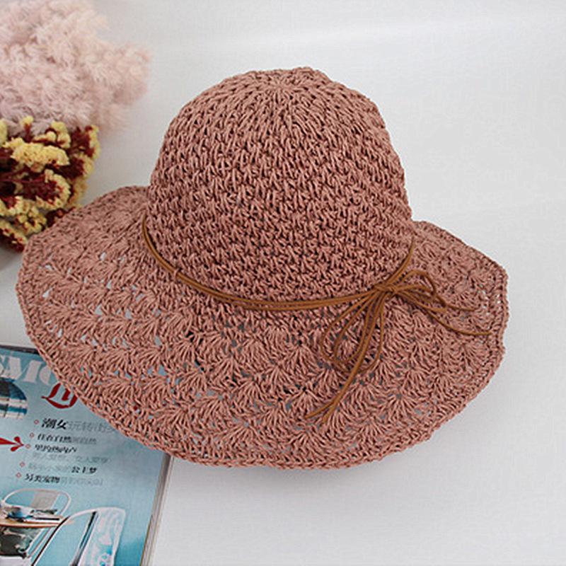 Handmade Crochet Straw Hat Women's Foldable Versatile Bow Travel Vacation Visor Beach Big Eaves Hat Summer