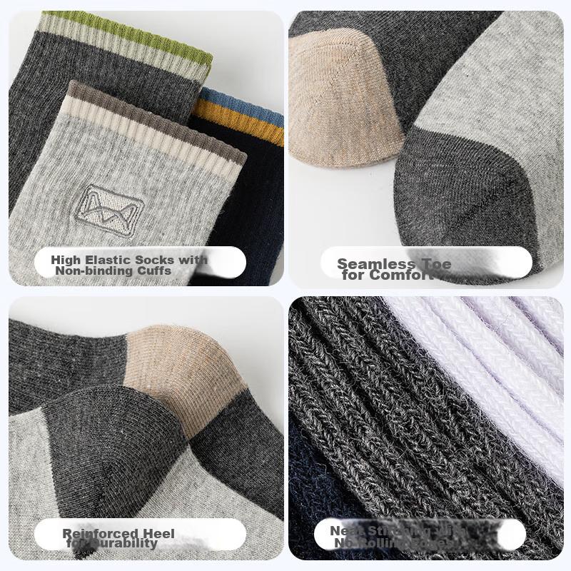 MIIOW 5 Pairs of 100% Pure Cotton Men's Socks, Summer Embroidered Mid-Calf Socks, Sweat-Absorbing Breathable Athletic Socks, Pure Cotton Long Socks