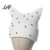 Contrast Color Striped Hat Cat Ear for Women Girls Slouchy Crochet Headgear Fashionable Streetwear Headwear with Shiny Rhinestones Cute Winter Warm