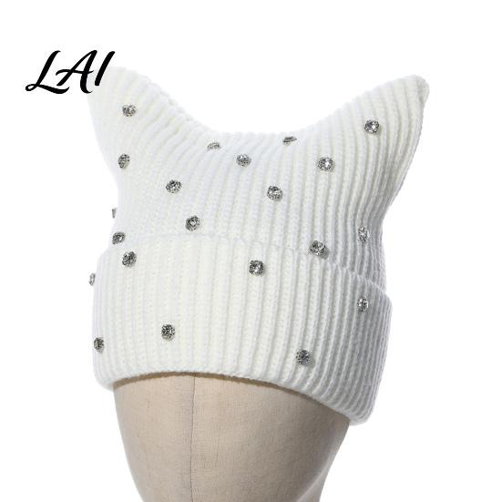 Contrast Color Striped Hat Cat Ear for Women Girls Slouchy Crochet Headgear Fashionable Streetwear Headwear with Shiny Rhinestones Cute Winter Warm