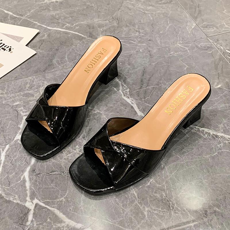 

Korean version of lazy slippers summer new mid-heel one-word drag fashionable sexy sandals women s casual work fish mouth shoes 35