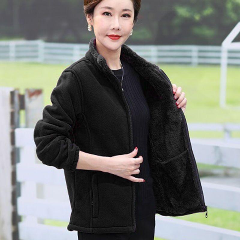 Middle-aged and Elderly Womens Autumn and Winter Velvet Thickened Polar Fleece Cardigan Double-sided Velvet Jacket Top Mothers Clothing