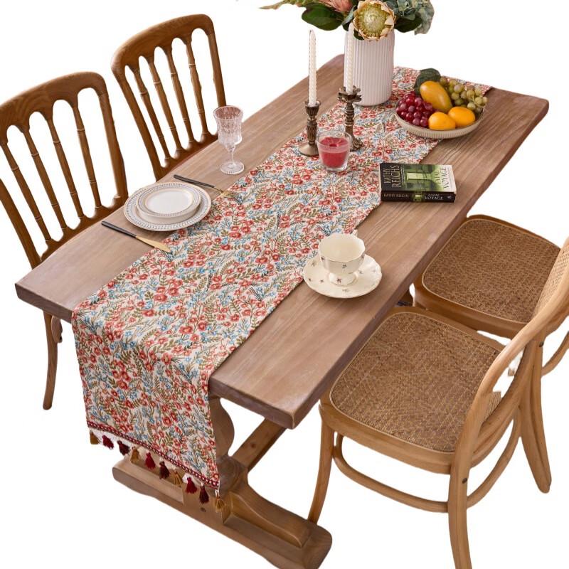 ZISIZ Red Fabric Table Runner with Tassel Lace