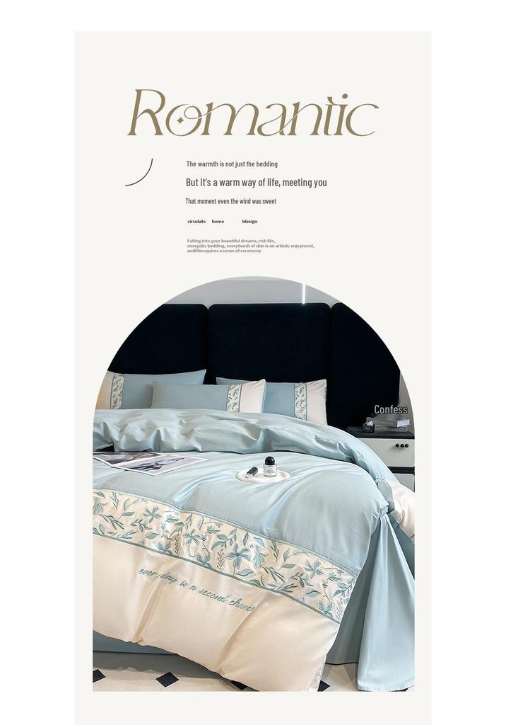 Light Luxury 100% Long-Staple Cotton Embroidered Bedding Set - High-End Four-Piece Pure Cotton for All Seasons.