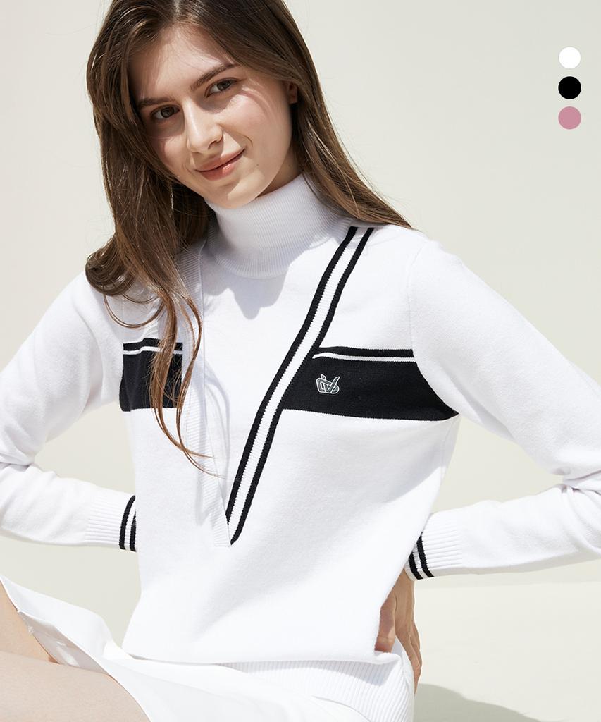 DUVIK Women'S V-Point Cotton Block Turtleneck Sweater Dc3Wst003