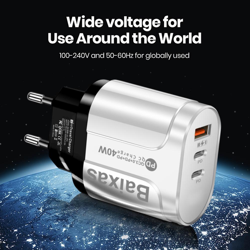Universal Charger with US, EU, UK, AU Compatibility - Original Power Adapter with 1 USB-A and 2 USB-C Ports.