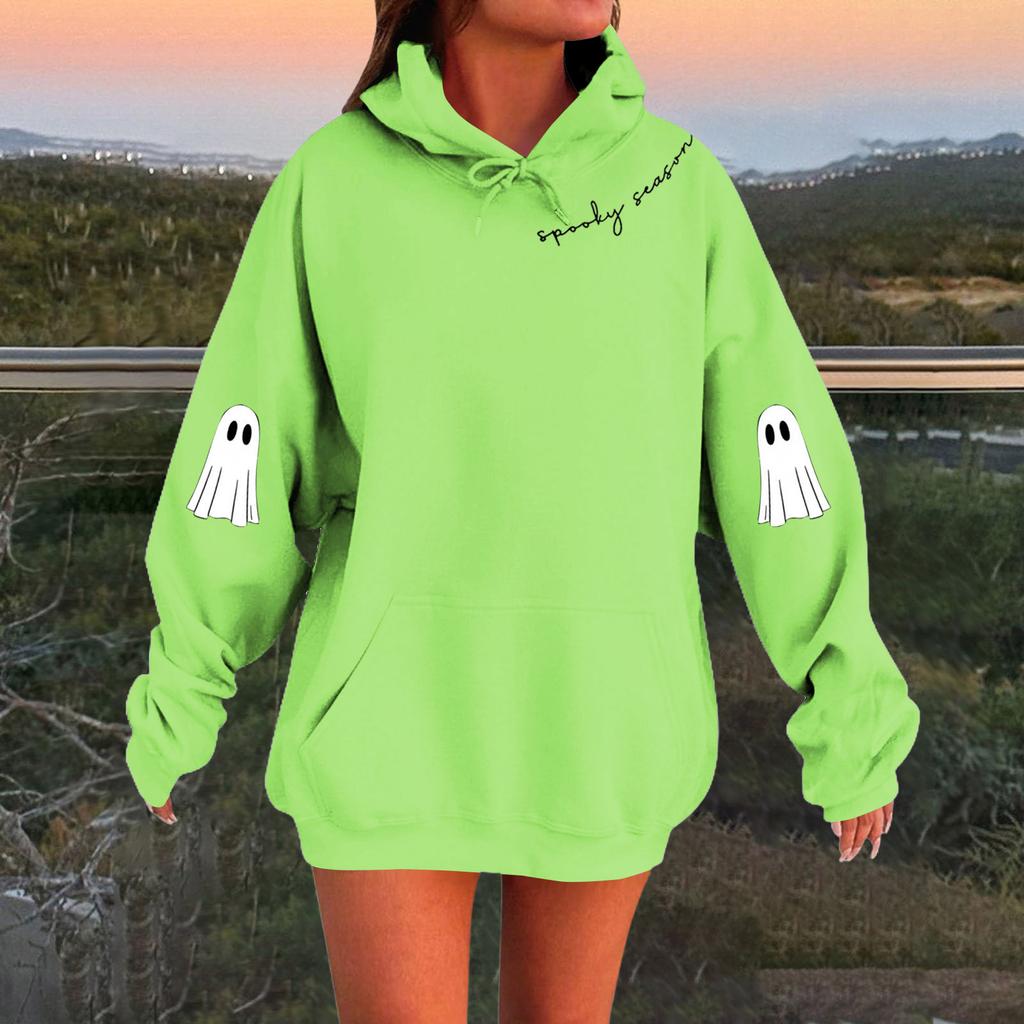 Women's Solid Color Long Sleeve Casual Halloween Print Pullover Hooded Sweatshirt