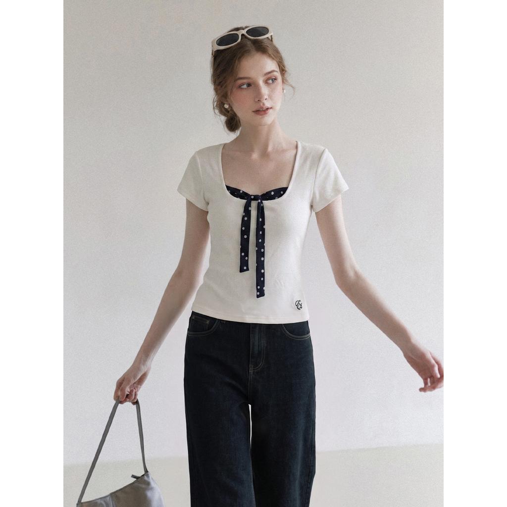 Korean fake two-piece U-neck Lyocell polka dot lace-up short-sleeved T-shirt women's summer new front shoulder cool and thin top