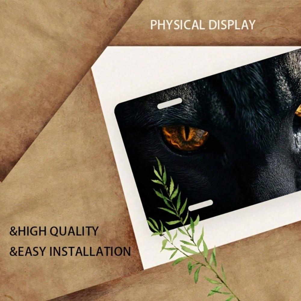 2D Flat Black Cat Orange Eyes License Plate Frame, Rustproof Aluminum Car Tag Cover, Universal 5.9x11.8 Inch Novelty Decor