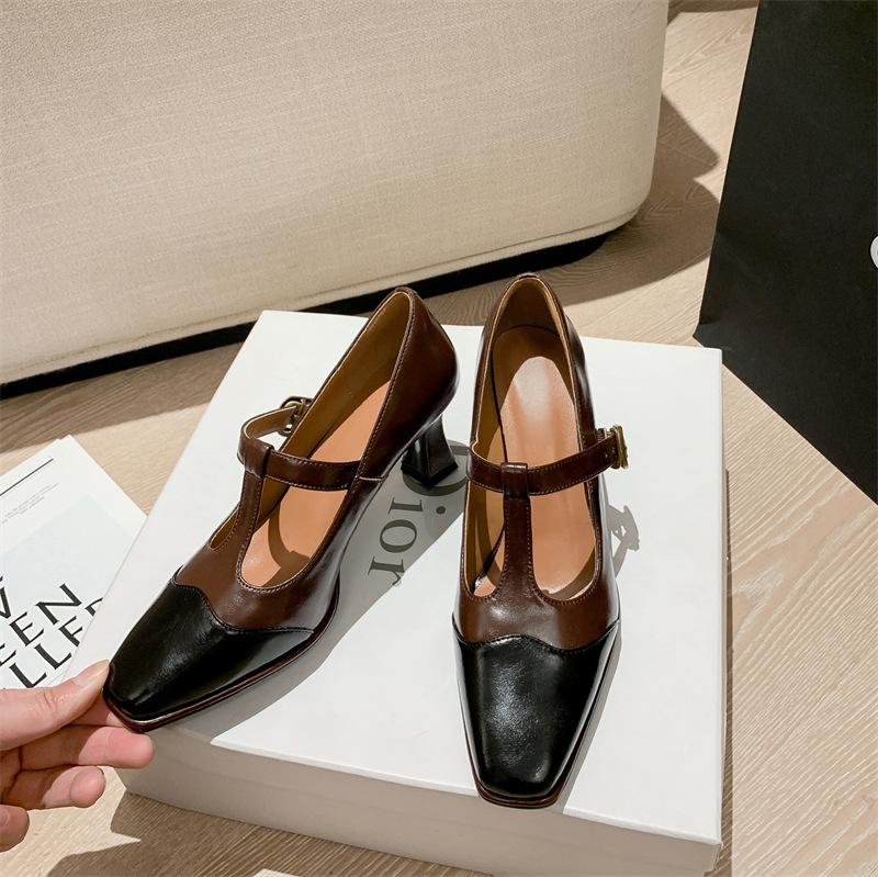 French retro T-button single shoes spring and autumn women's shoes square head Mary Jane shoes color matching high heels
