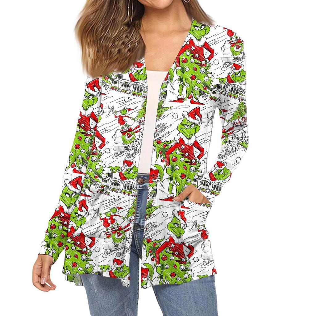 Women's Fashion Christmas Print Long-Sleeved Pocketed Slim-Fit Cardigan Coat