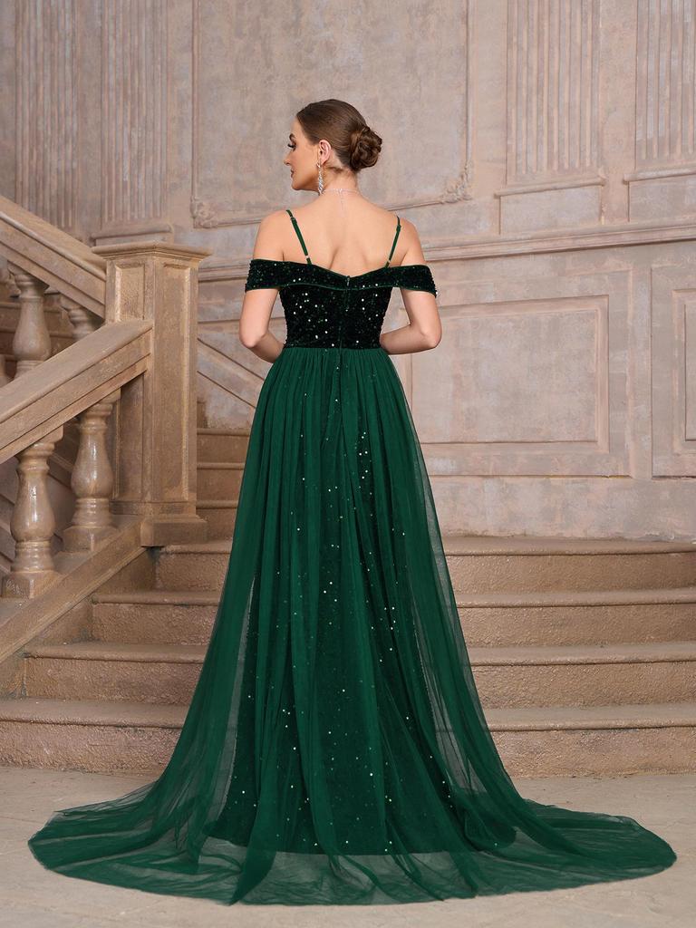 Elegantes Damen Pailletten Abendkleid mit langer Schleppe für Hochzeitsfeier & Abschlussball