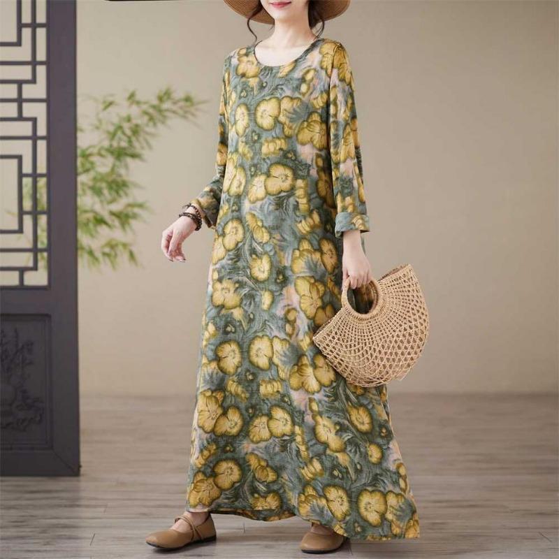 Loose Printed Round Neck Long Sleeve Dress Women's Long Dresses