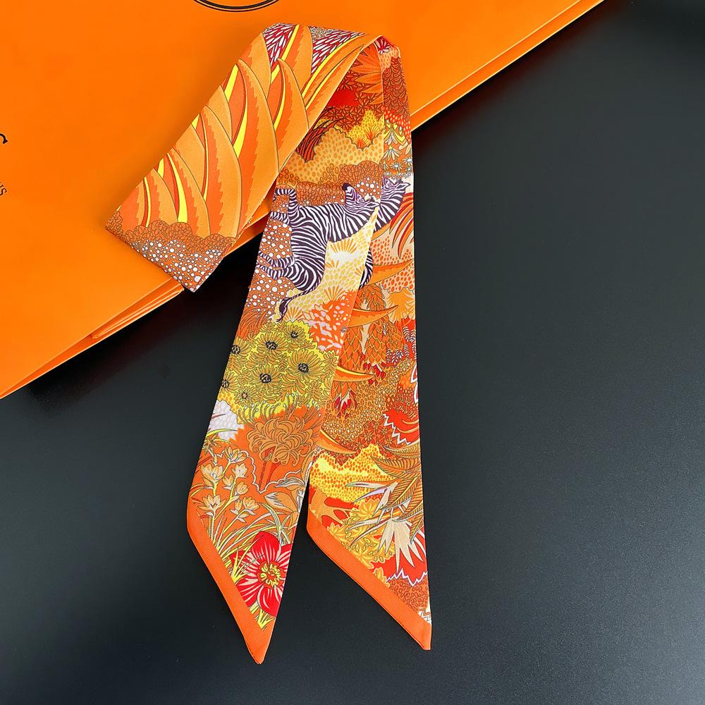 Korean Style Botanical Jungle Horse Print Twill Silk Scarf Women's Long Strip Ribbon Hair Band Neck Tie Accessories