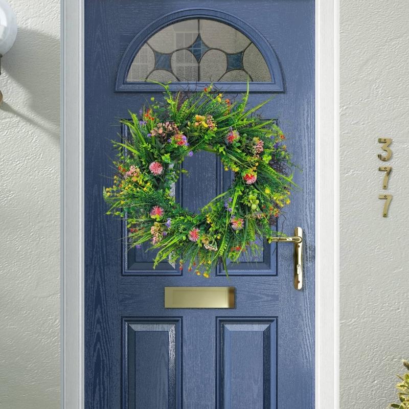 Künstlicher Wildblumen-Blumenkranz Türkranz mit Grünblattkranz Weihnachts-Festkranz für die Haustür