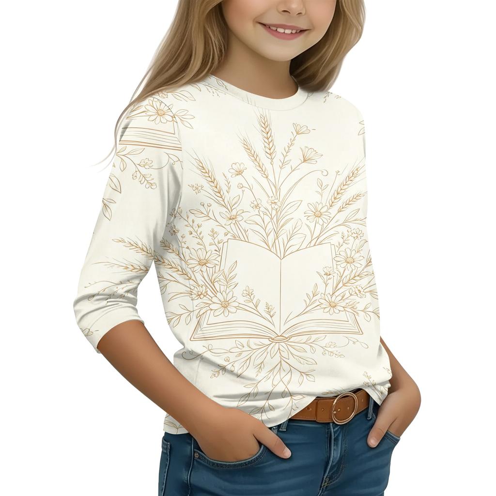 Children's Casual Printed 3/4 Sleeve Round Neck T-Shirt for Back to School Everyday Wear