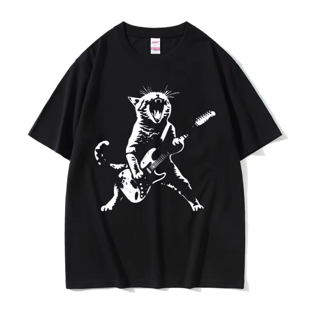

Rock Punk Playing Guitar Cat Funny Meme Tshirt Unisexs Women Casual Cotton Vintage Short Sleeve Tee Shirt Unisex Oversized Tshirts L