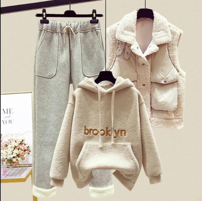 

Женский осенне-зимний теплый плюшевый свитшот-куртка большого размера + Утепленные брюки с подкладкой + Жилет-куртка 3 предмета 2XL