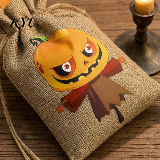 Halloween Event Favors 2PCS Drawstring Treat Bags, Cartoon Pumpkin Faux Linen Trick or Cute Candy Carriers Sacks, Kids Storage Pouches for Party