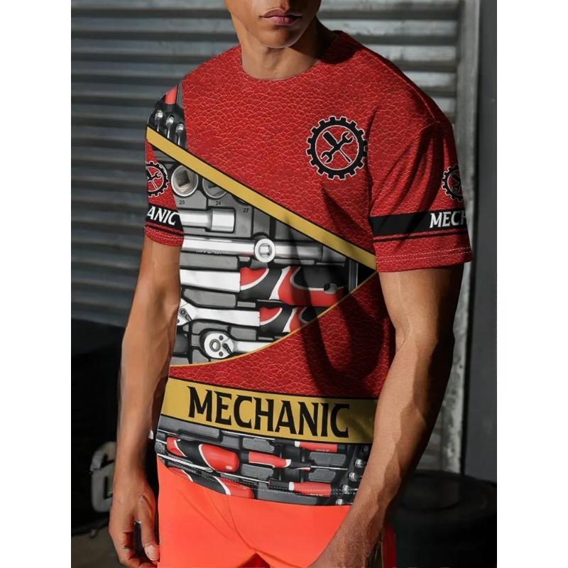 Summer Round Neck Mechanic T-shirts 3D Print Mechanic Engine Graphic Top Fashionable Casual Short Sleeved  Men's T-shirts
