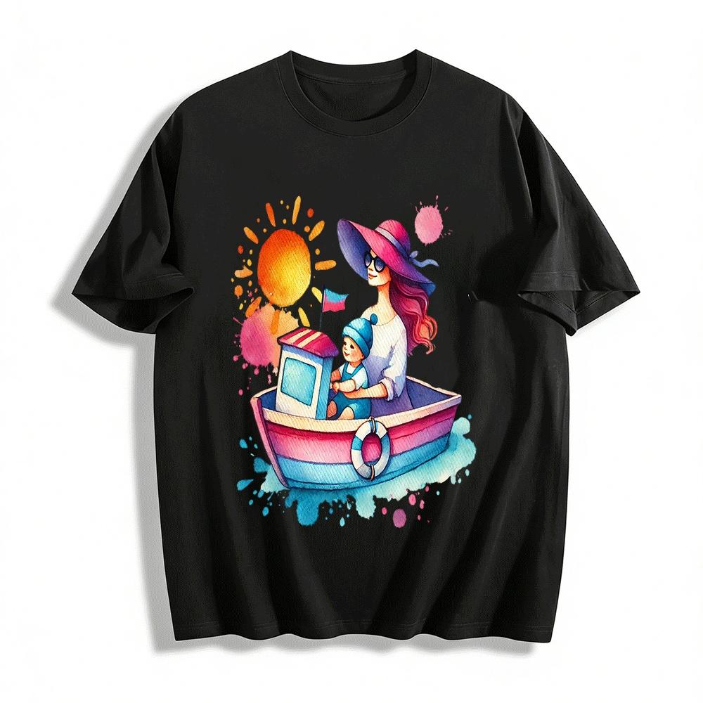 Mom And Baby Sailing Watercolor Print Casual T-Shirt Pure cotton T-shirt XXS