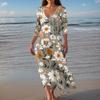 Women's Vintage Print Tunic Waisted Midi Dress Summer Casual 3/4 Sleeve Dress Dress