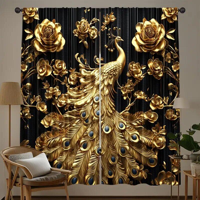 Set Of 2 Elegant Golden Peacock Print Curtains Pole Bag Home Decoration Room Curtain Polyester