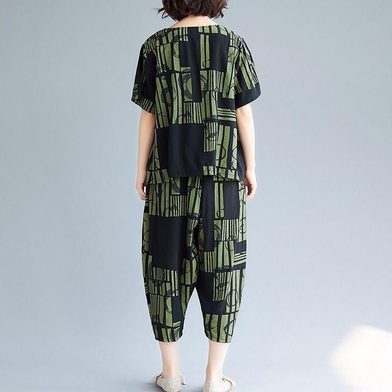 Women O-Neck Short Sleeve Elastic Waistband Pockets Casual Outfit  Women Lines Printing T-shirt Wide Leg Cropped Pant Sets