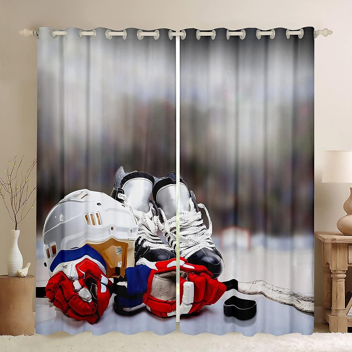 Tonnika Chen Ice Hockey Curtain Living Room Pucks Sports Ball Games Panel Winter Extreme Sport Theme Curtains Drapes Blackout Polyester Ideal For Sitting