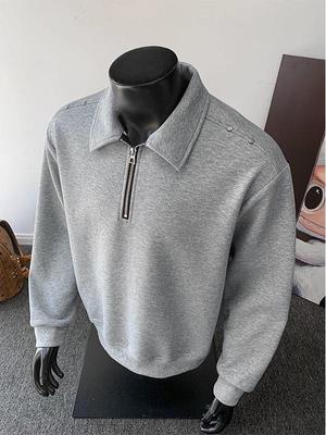 Herren Heavyweight Kapuzenpullover mit halbem Reißverschluss und Kragen - Herbst Koreanischer Street Style Pullover mit Nieten-Details