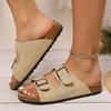 Fashion Double Buckle Flat Slippers Women 2025 Summer Suede Platform Sandals Woman Outdoor Cork Footbed Non Slip Sandal Plus Size 43