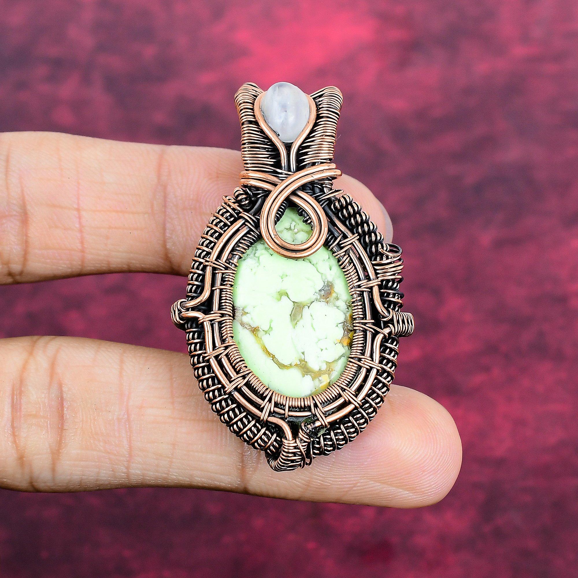 Lemon Chrysoprase Gemstone Pendant Copper Wire Wrapped Jewelry Moonstone Pendant
