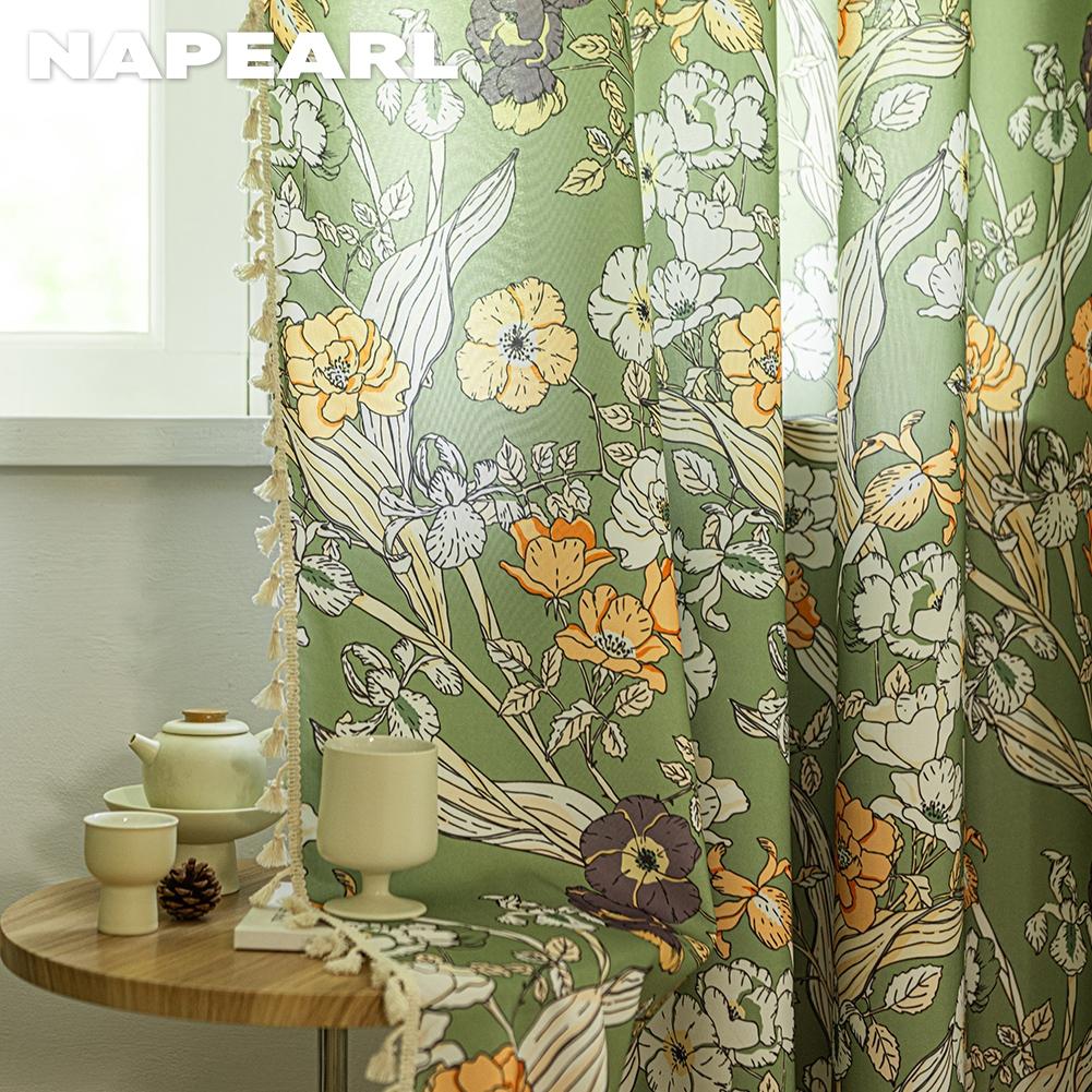 1PC NAPEARL French Retro Floral Printed Curtains Pastoral Style Tassel Edge Semi Blackout Curtains for Bedroom Living Room Window Home Decor