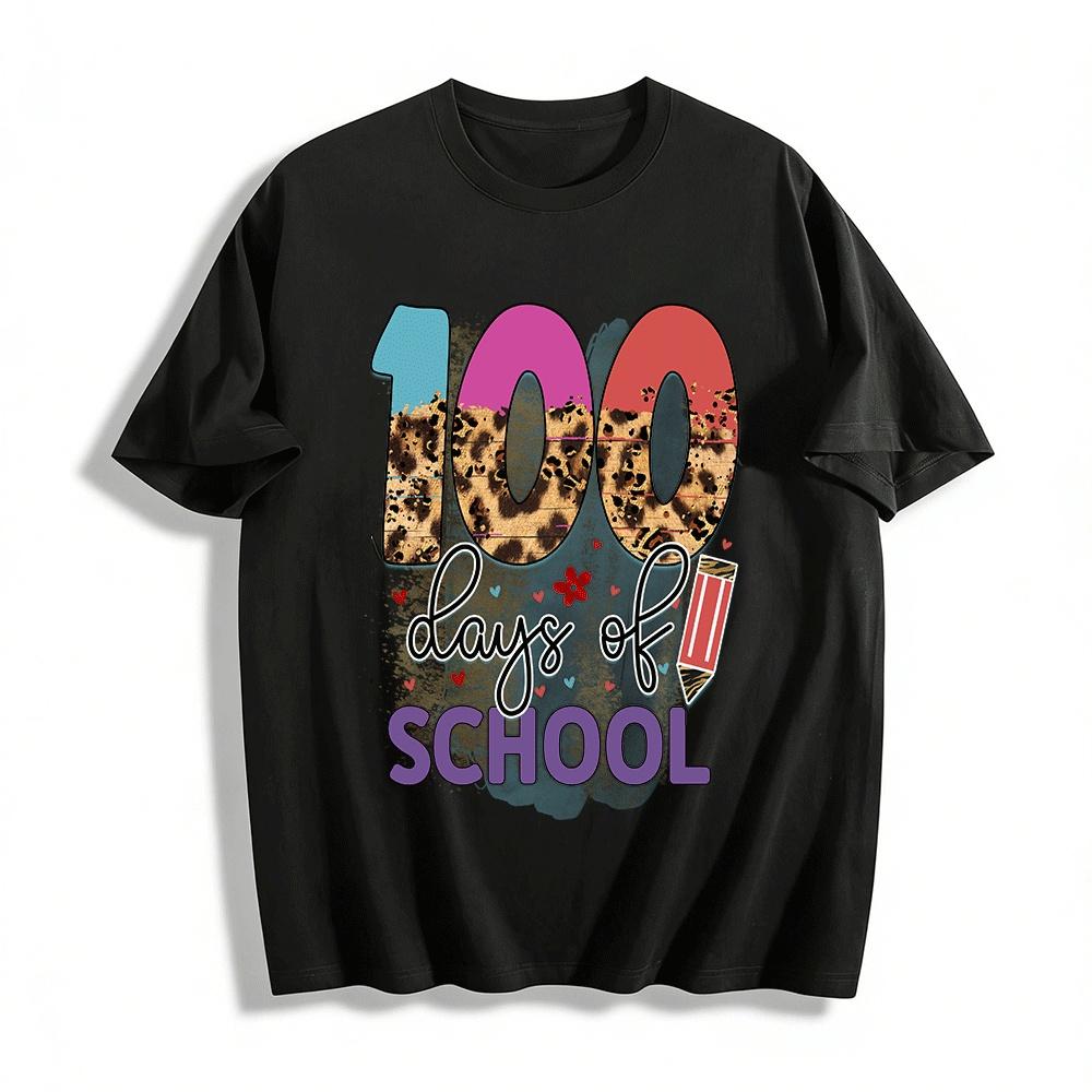 

100 Days Of School Leopard Print Casual Short Sleeve Tee Pure cotton T-shirt XXS