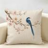 Oriental Watercolor Bird Blossom Cushion Cover Durable Hypoallergenic Organic Linen Short Pillow Cover Washable