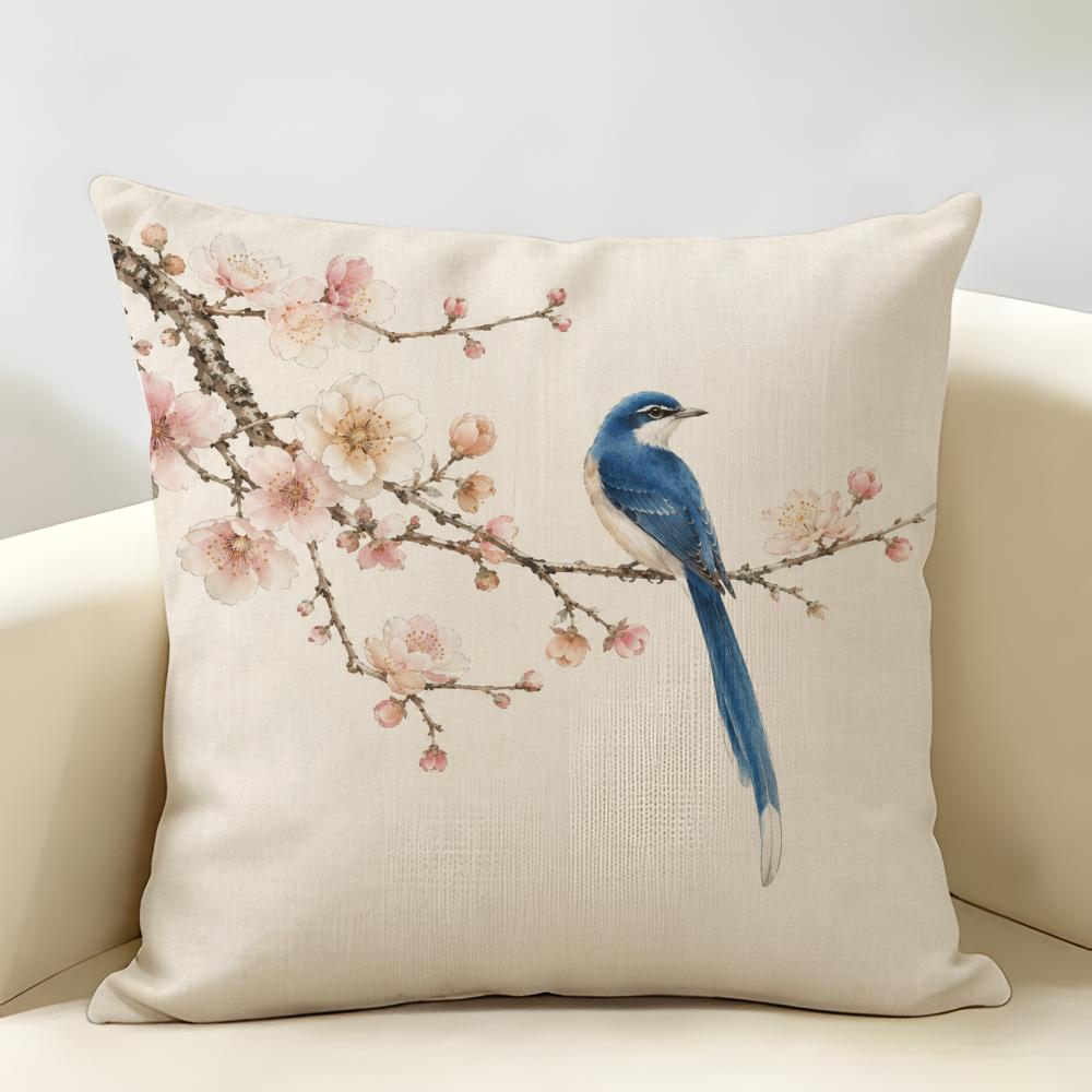 Oriental Watercolor Bird Blossom Cushion Cover Durable Hypoallergenic Organic Linen Short Pillow Cover Washable