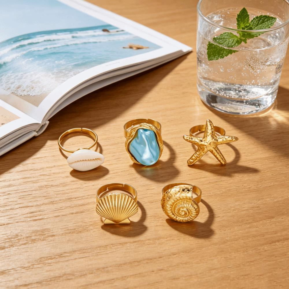 3/5Pcs Gold Color Finger Open Rings Conch Geometric Rings Vintage Starfish Open Ring Set Women