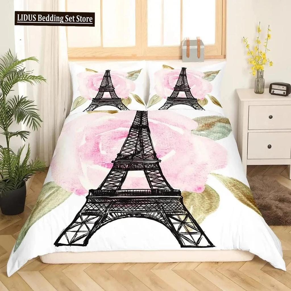 Comforter Valentine Day King Queen Paris Eiffel Tower Bedding Set Pink Watercolor Tulips Flowers Balloon Polyester