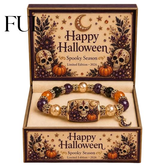 Stackable Charm Bracelet Halloween Stretch Beaded with Gift Box, Black Cat Pumpkin Ghost Spooky Theme Party Accessory Crow Witch Hat/Moon Charm,