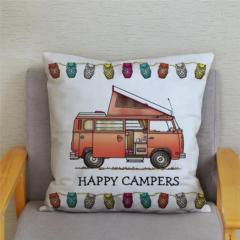 45X45Cm Happy Campers Owl Motorhome Print Pillow Case Soft Polyester Sofa Car Seat/Back Cushion Cover For Home Decor Pillowcases
