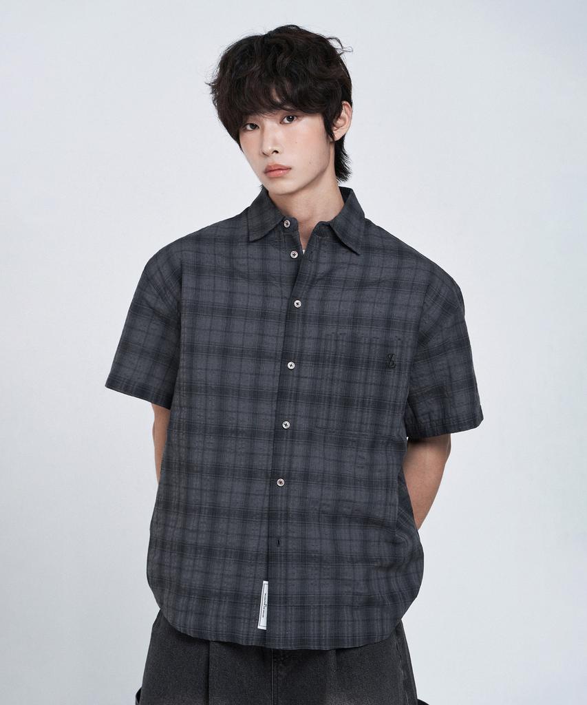 LEMAIN SECOND Check Oversized Short Sleeve Shirt [Charcoal]