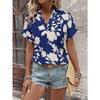 Women Floral Print V Neck Short Sleeve Blouse Casual Notch Collar Rolled Cuff Shirt
