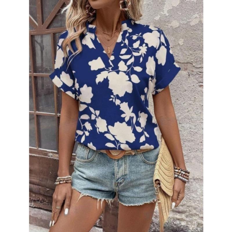 Women Floral Print V Neck Short Sleeve Blouse Casual Notch Collar Rolled Cuff Shirt